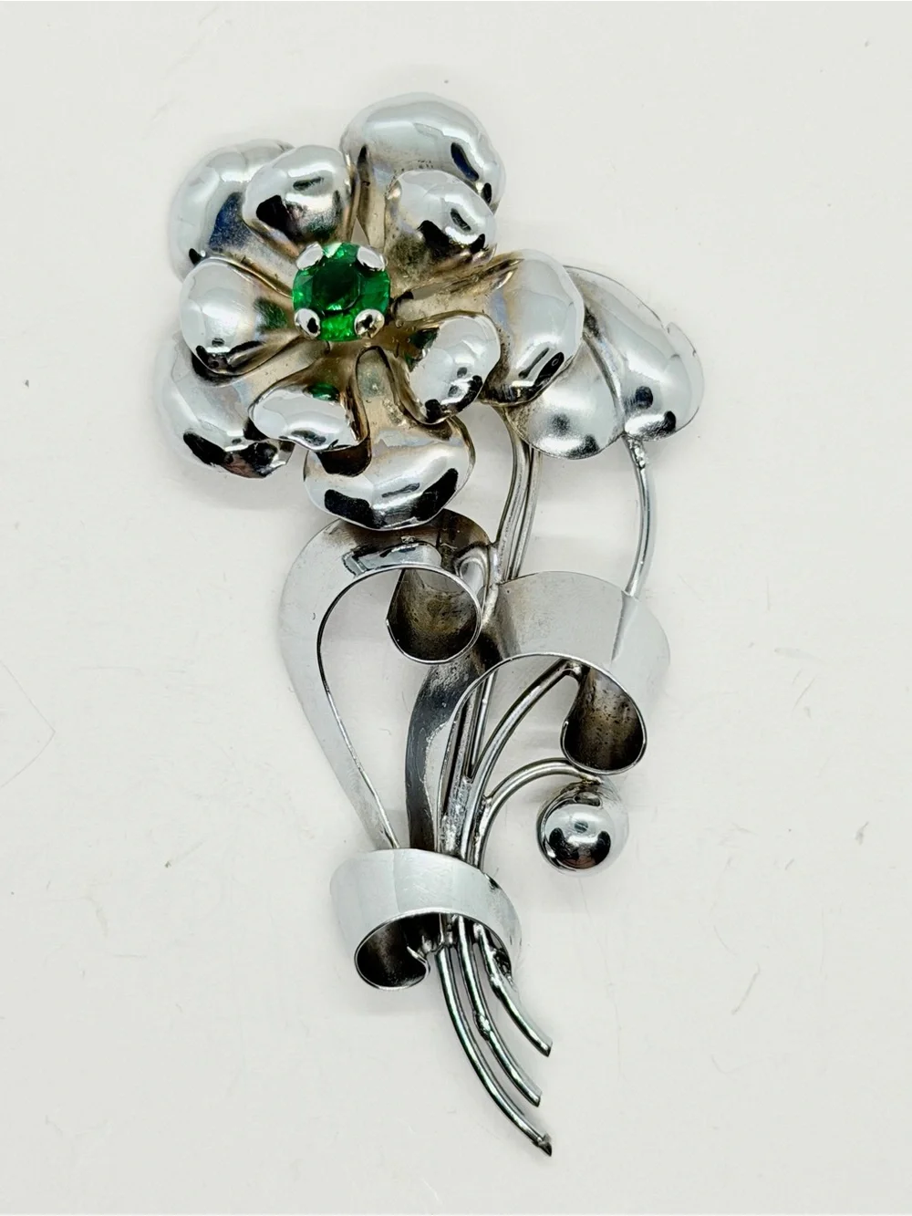 Vintage 1940's AT Sterling Silver Brooch Pin Floral Bouquet Green‎ Rhinestones